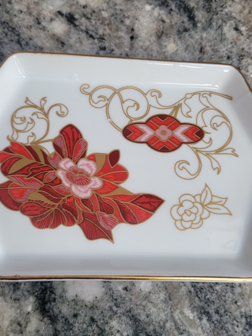 Red Floral Porcelain Serving Tray with Gold Accents